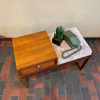 Top view of RS Associates teak telephone entranceway bench with upholstered seat 