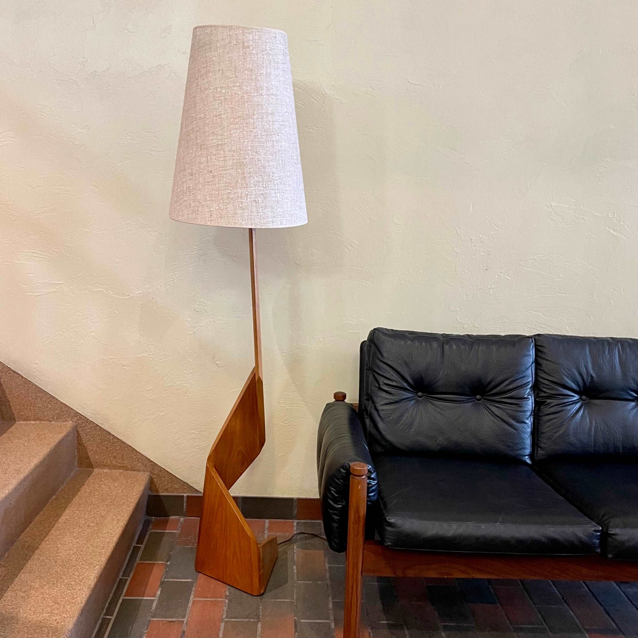 Vintage floor lamp with teak zig zag base and tall shade