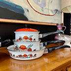 Three Merry Mushrooms enamel pots with lids