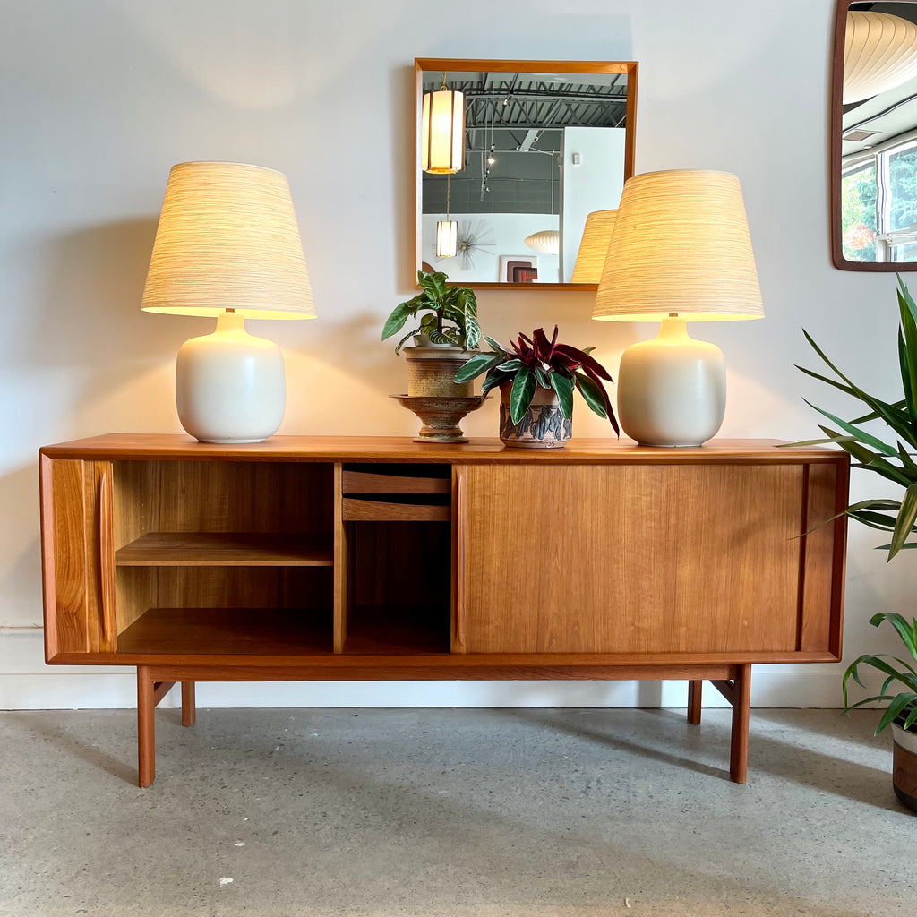 Open tambour door credenza with drawers and adjustable shelving