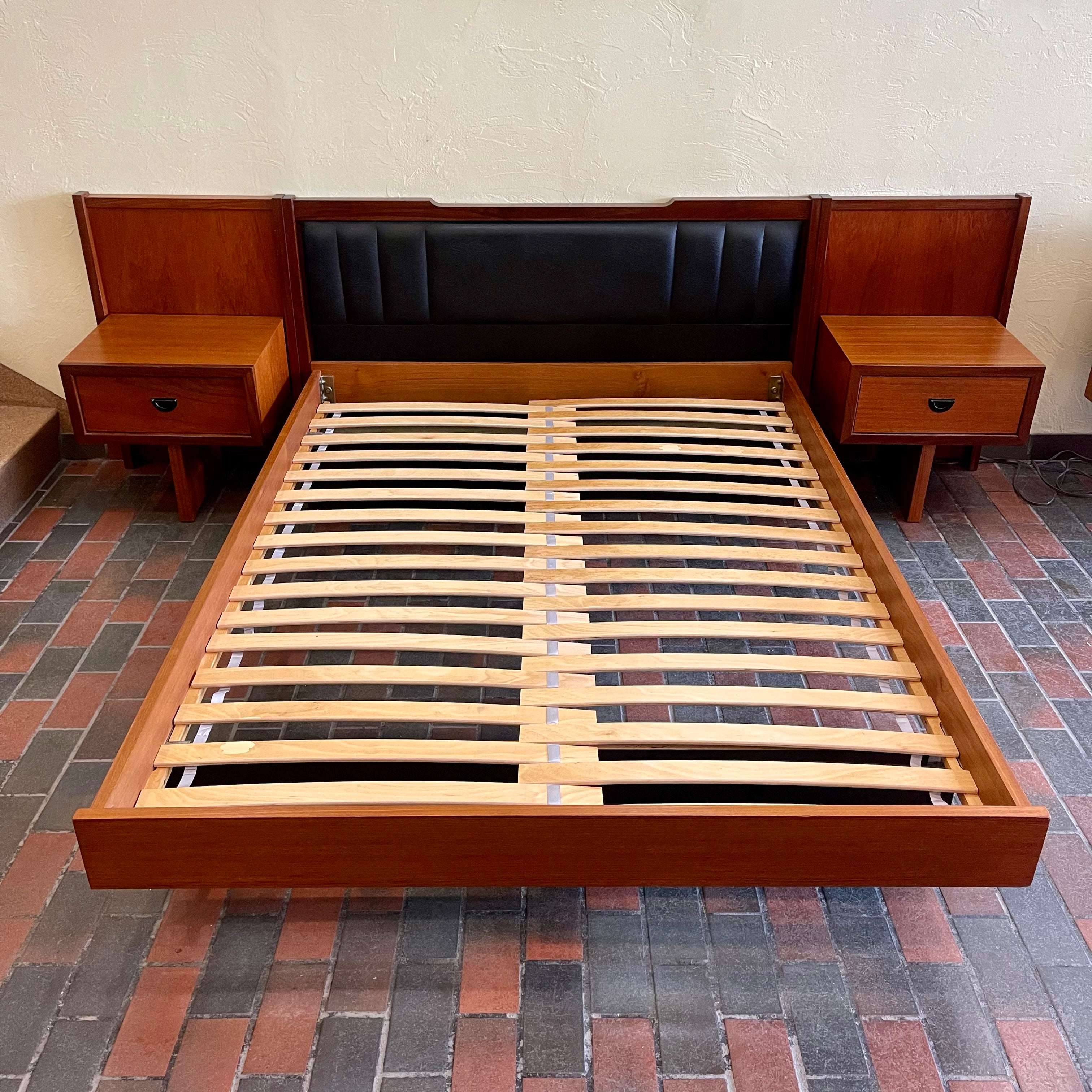 R.S. Associates teak queen double bed with wide headboard and built-in nightstands