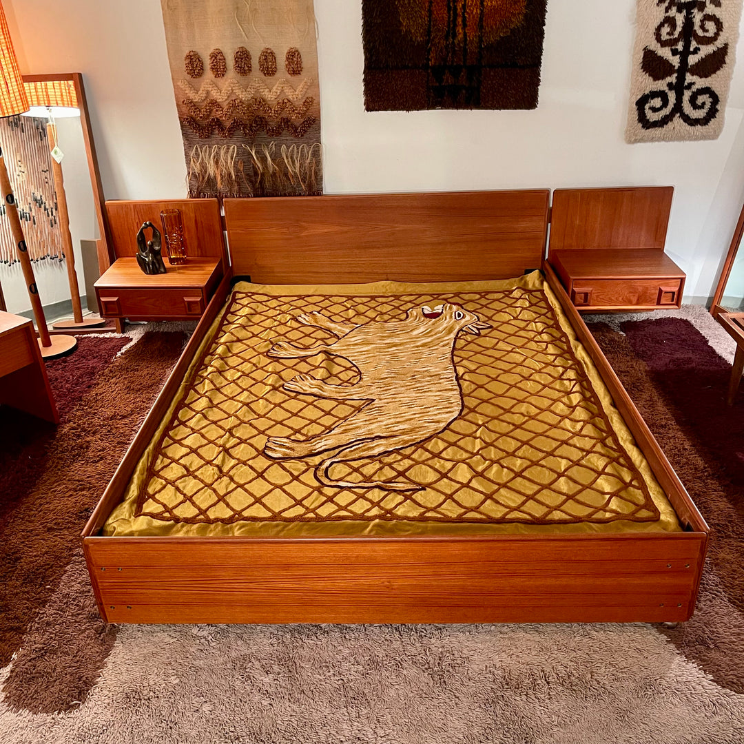  Midcentury Queen Teak Bed with Floating Nightstands