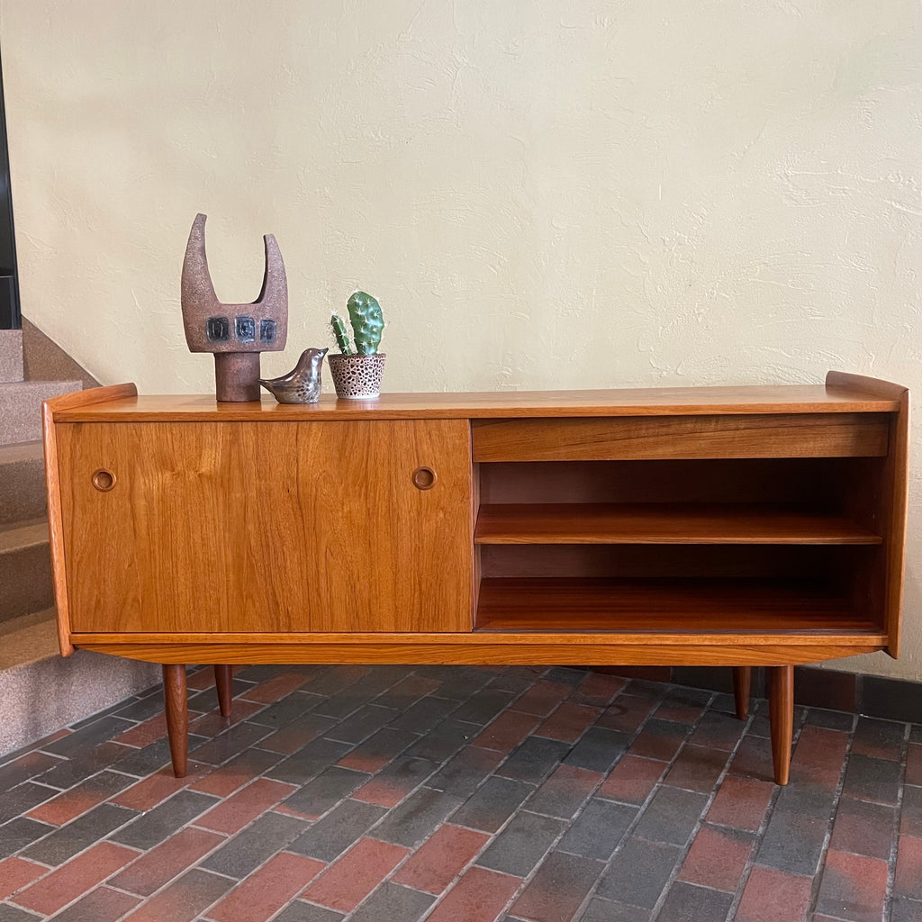 Mid century Modern R. Huber Teak Atomic Age Style Credenza with two sliding doors adjustable shelving and a drawer for storage | Record Storage | Mr. Mansfield Vintage 