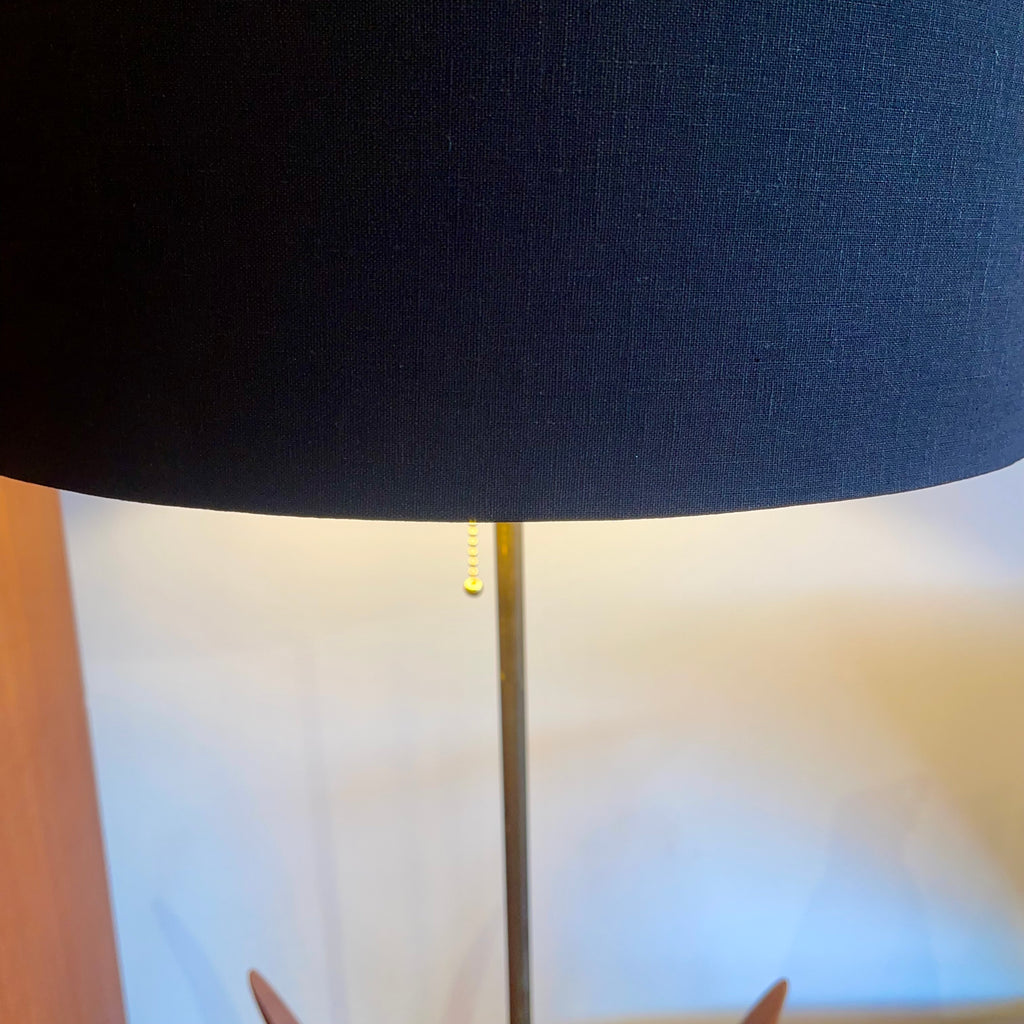 vintage mid-century walnut floor lamps with sculptural reed-inspired bases and black drum shade.
