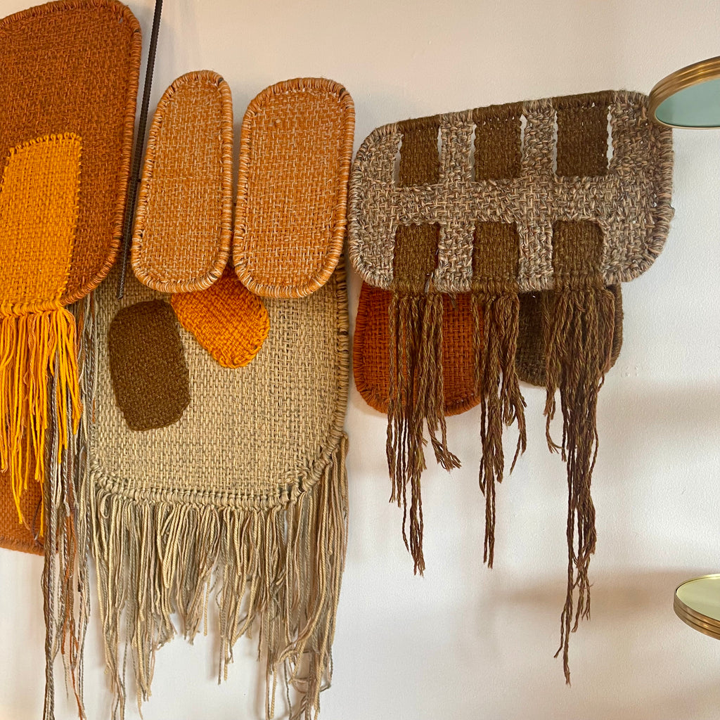 Close-up of layered panels on 1970s Canadian fiber art tapestry