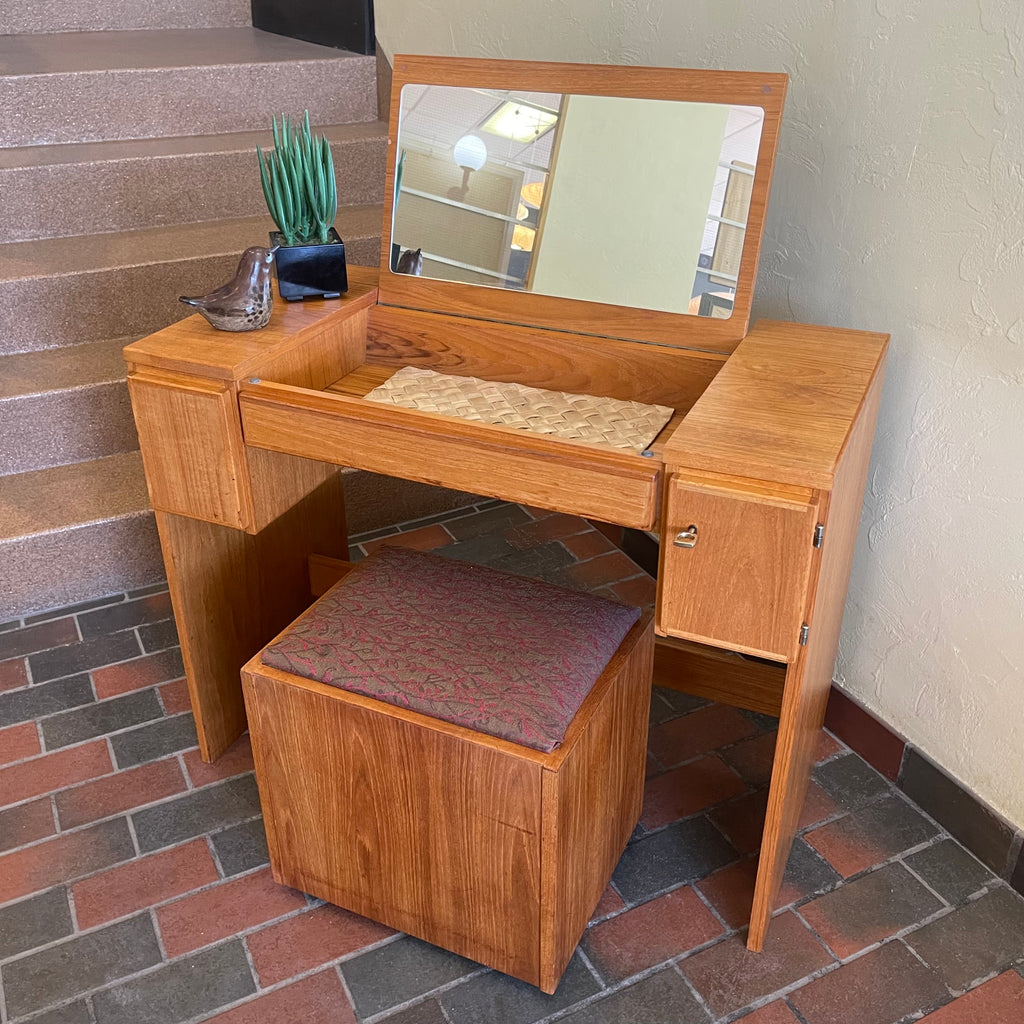 Vintage Teak Vanity Dressing Table and Stool Flip Up Mirror Storage  Compartment and Drawers  | Mr. Mansfield Vintage