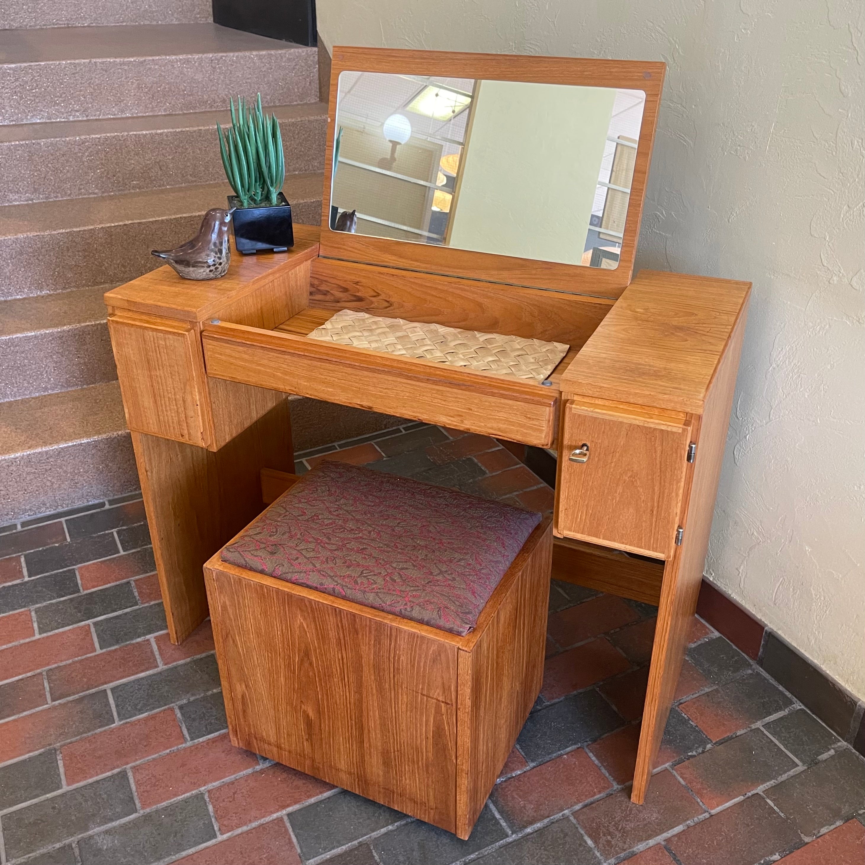 Vintage Teak Vanity Dressing Table and Stool Flip Up Mirror Storage  Compartment and Drawers  | Mr. Mansfield Vintage