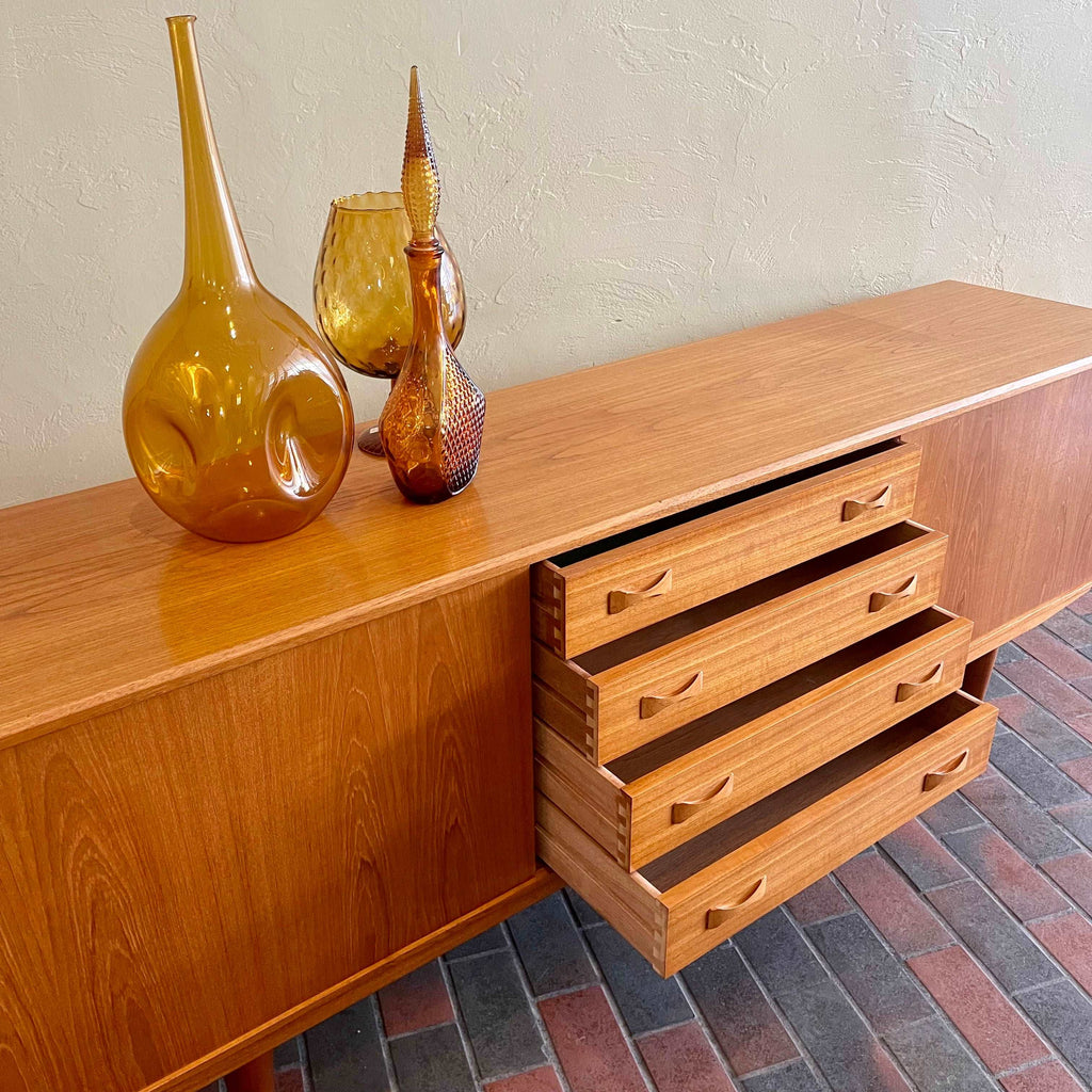 Danish Teak Credenza | Sideboard by Clausen and Son Solid Teak Legs Bow-Tie Handles Rich Honey Colour