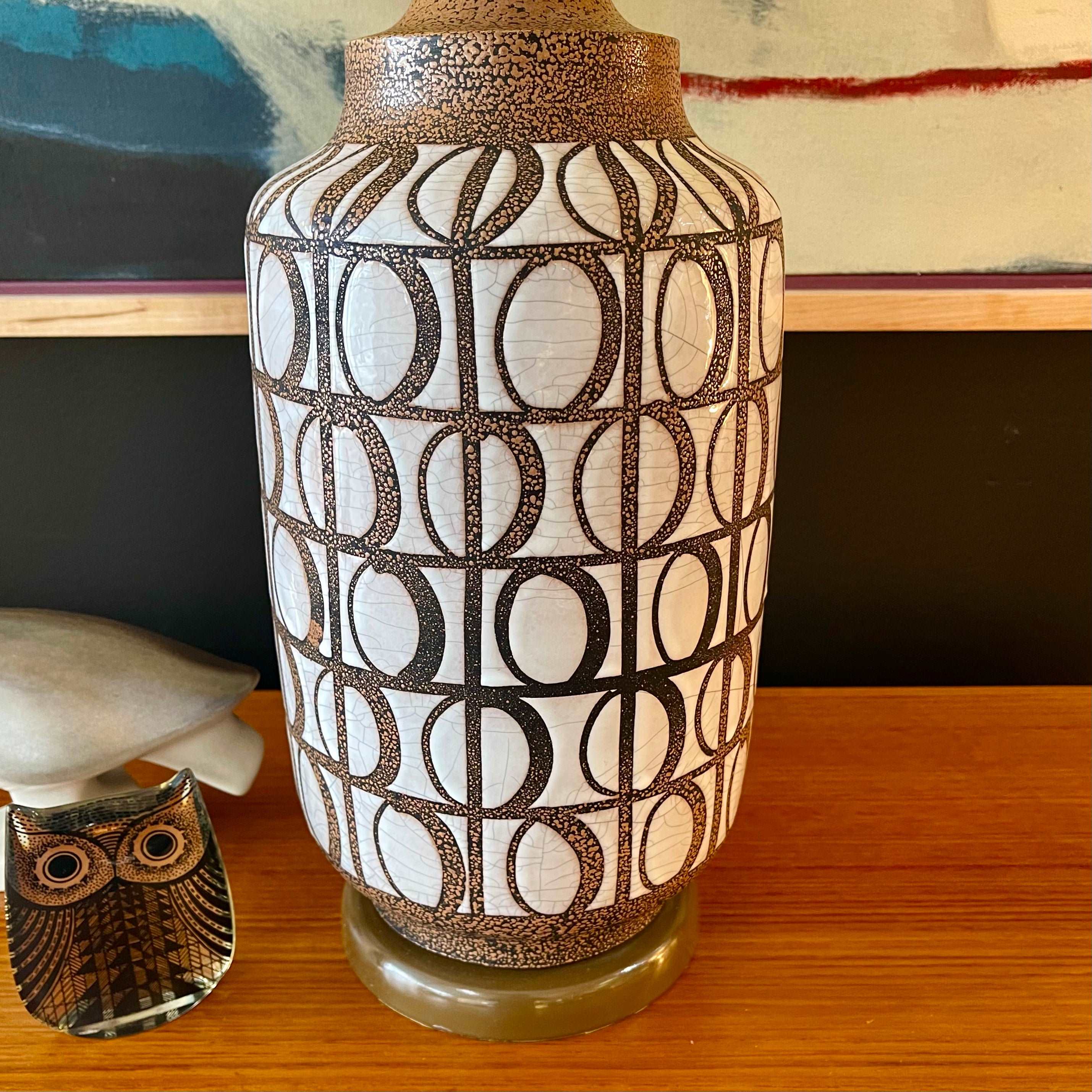  Mid Century Modern Pottery Lamp. Beautiful glazed geometric shapes adorn this pottery lamp. The  under glaze is black with brown specs and white glaze contrasting the shapes. | Mr. Mansfield Vintage 