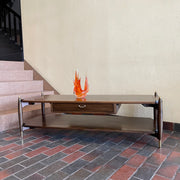 Canada Cabinets and Furniture Limited Walnut and Mahogany Coffee Table. Check out the legs!  The legs are capped with brass tops. There is a two sided storage drawer that can be opened from either side | Mr. Mansfield Vintage 