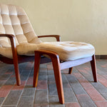 Load image into Gallery viewer, R Huber Teak Scoop Chair and Ottoman. The chair and fabric are in fantastic condition with very little wear. The fabric is a light beige velvet
