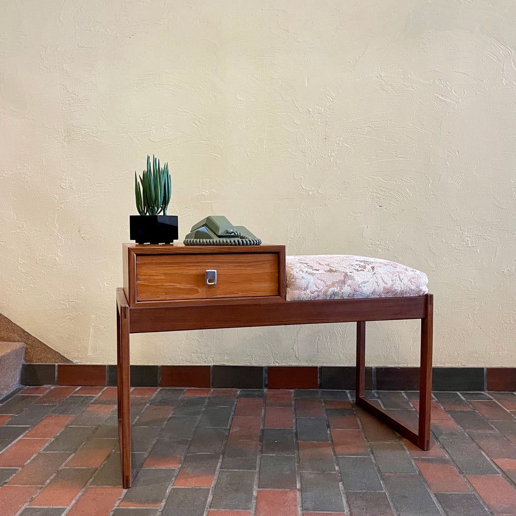 Vintage teak telephone bench by RS Associates for entryway seating