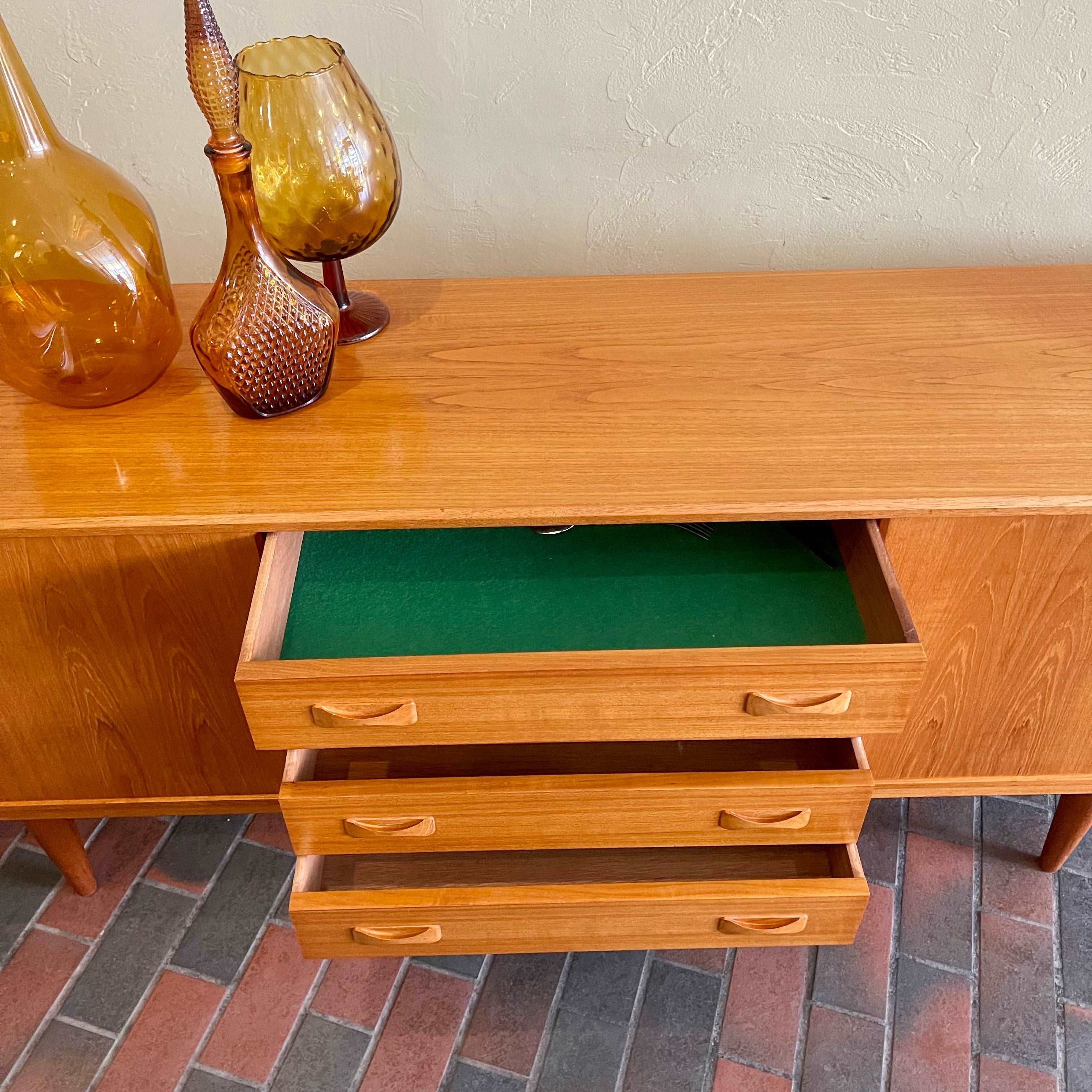 Danish Teak Credenza | Sideboard by Clausen and Son Solid Teak Legs Bow-Tie Handles Rich Honey Colour