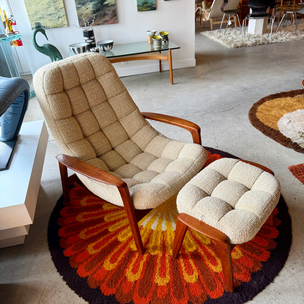 Above view of Beige Huber scoop chair with a curved sculptural shape, upholstered seat, and classic vintage modern design.