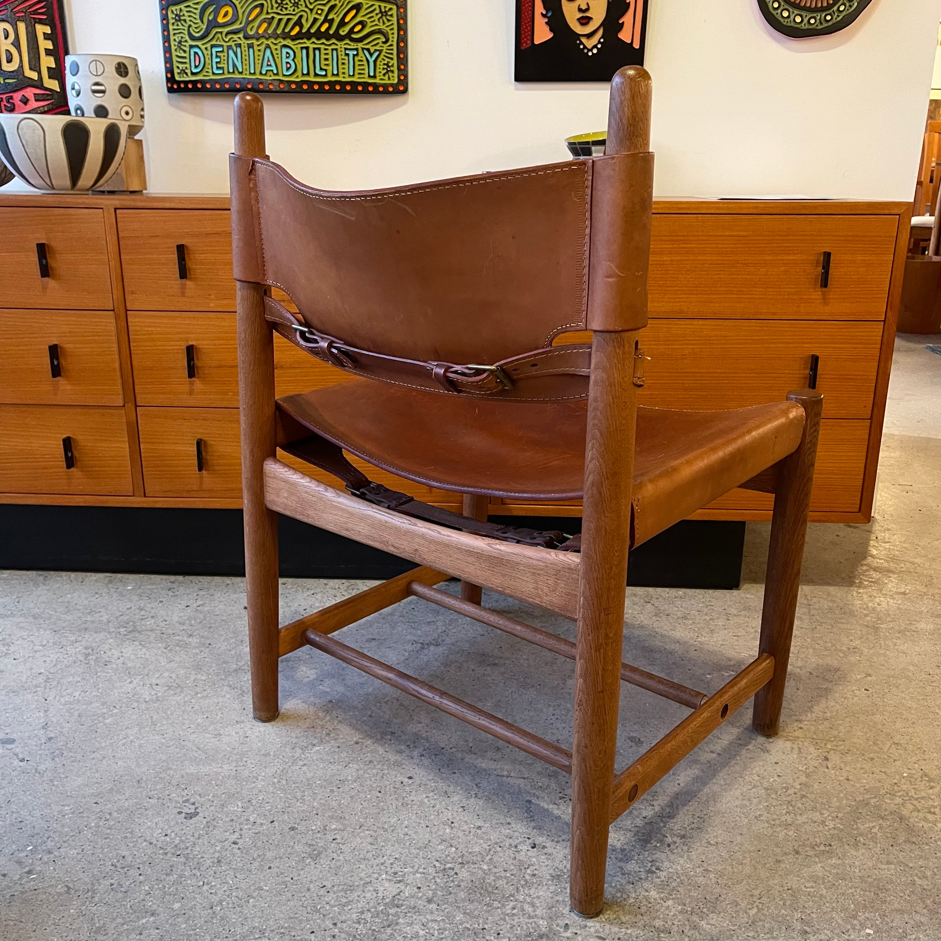 Front view of Borge Mogensen Spanish chair with leather seat and solid wood frame