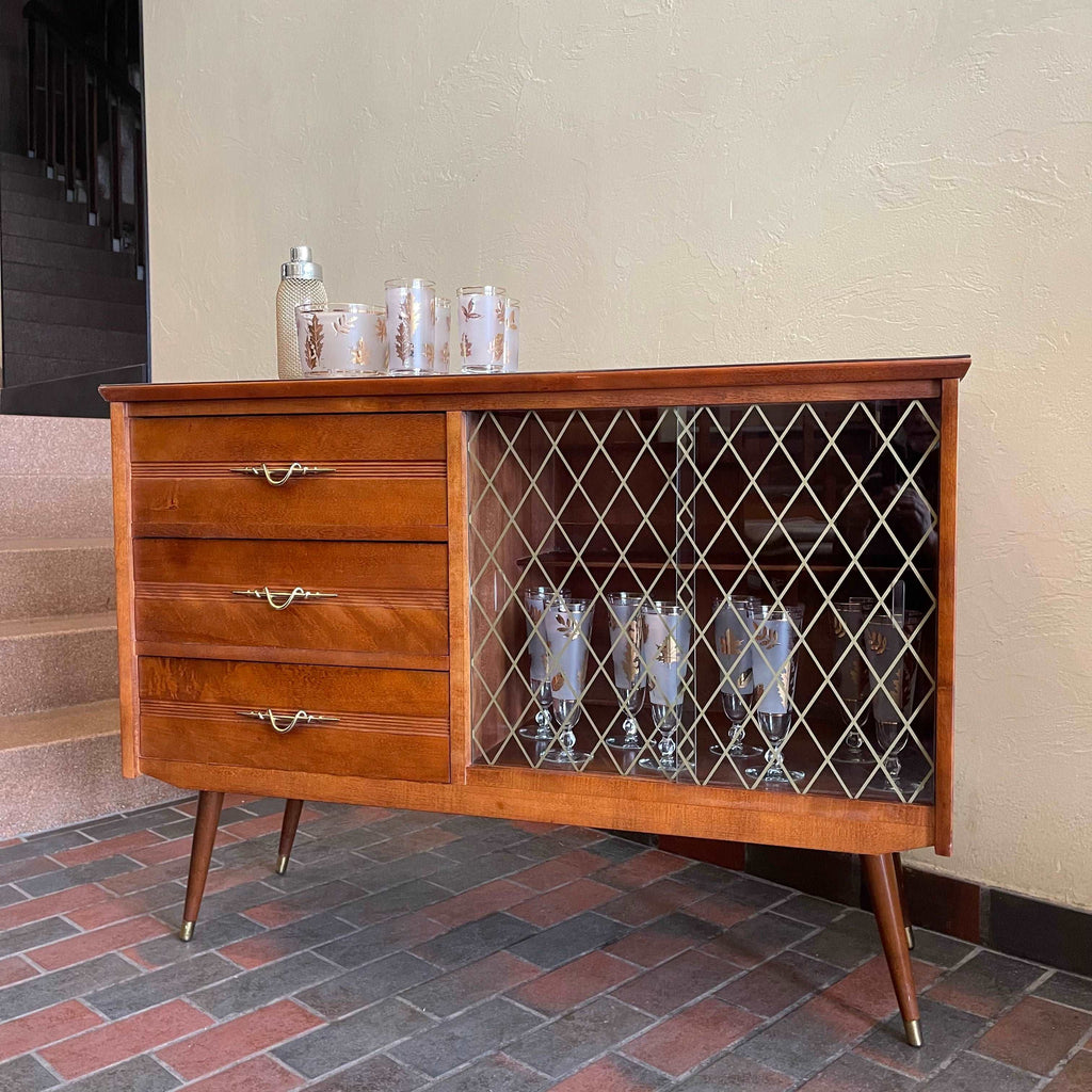  1950s Drinks Cabinet | Sideboard with Golden Harlequin Pattern Doors Three Drawers for Storage | Mr. Mansfield Vintage 