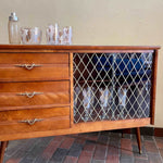 Load image into Gallery viewer,  1950s Drinks Cabinet | Sideboard with Golden Harlequin Pattern Doors Three Drawers for Storage | Mr. Mansfield Vintage 
