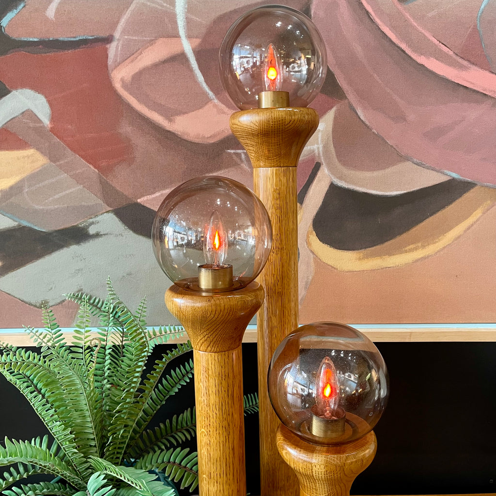 Close-up of smoky globe shade on Space Age Modeline lamp
