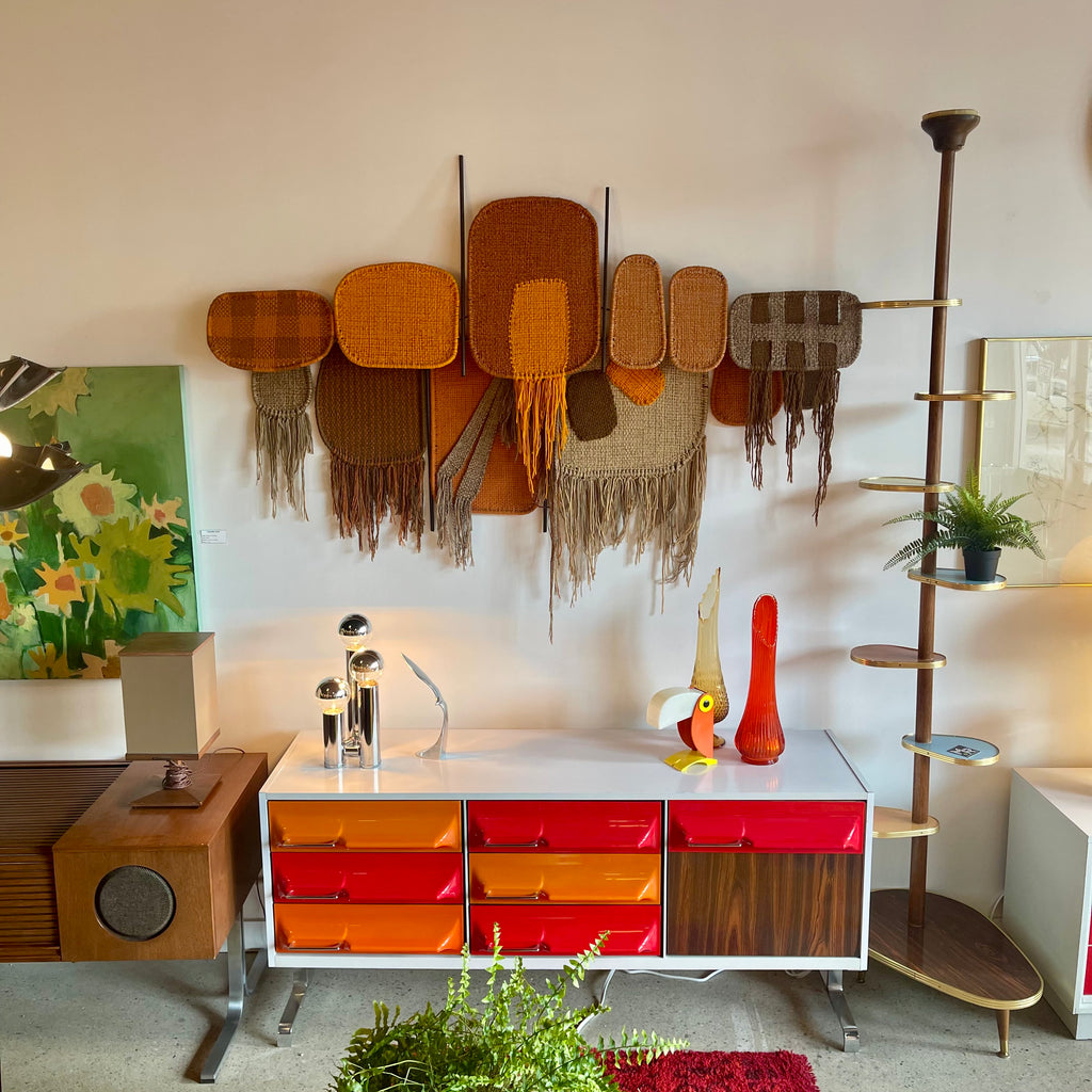 1970s Derek Graham Whyte textile wall sculpture with layered woven panels and fringe