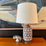 Load image into Gallery viewer,  Mid Century Modern Pottery Lamp. Beautiful glazed geometric shapes adorn this pottery lamp. The  under glaze is black with brown specs and white glaze contrasting the shapes. | Mr. Mansfield Vintage 
