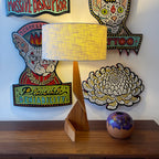 Vintage sculptural wood table lamp with angular base and textured white drum shade