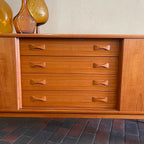 Danish Teak Credenza | Sideboard by Clausen and Son Solid Teak Legs Bow-Tie Handles Rich Honey Colour