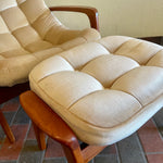 Load image into Gallery viewer, R Huber Teak Scoop Chair and Ottoman. The chair and fabric are in fantastic condition with very little wear. The fabric is a light beige velvet