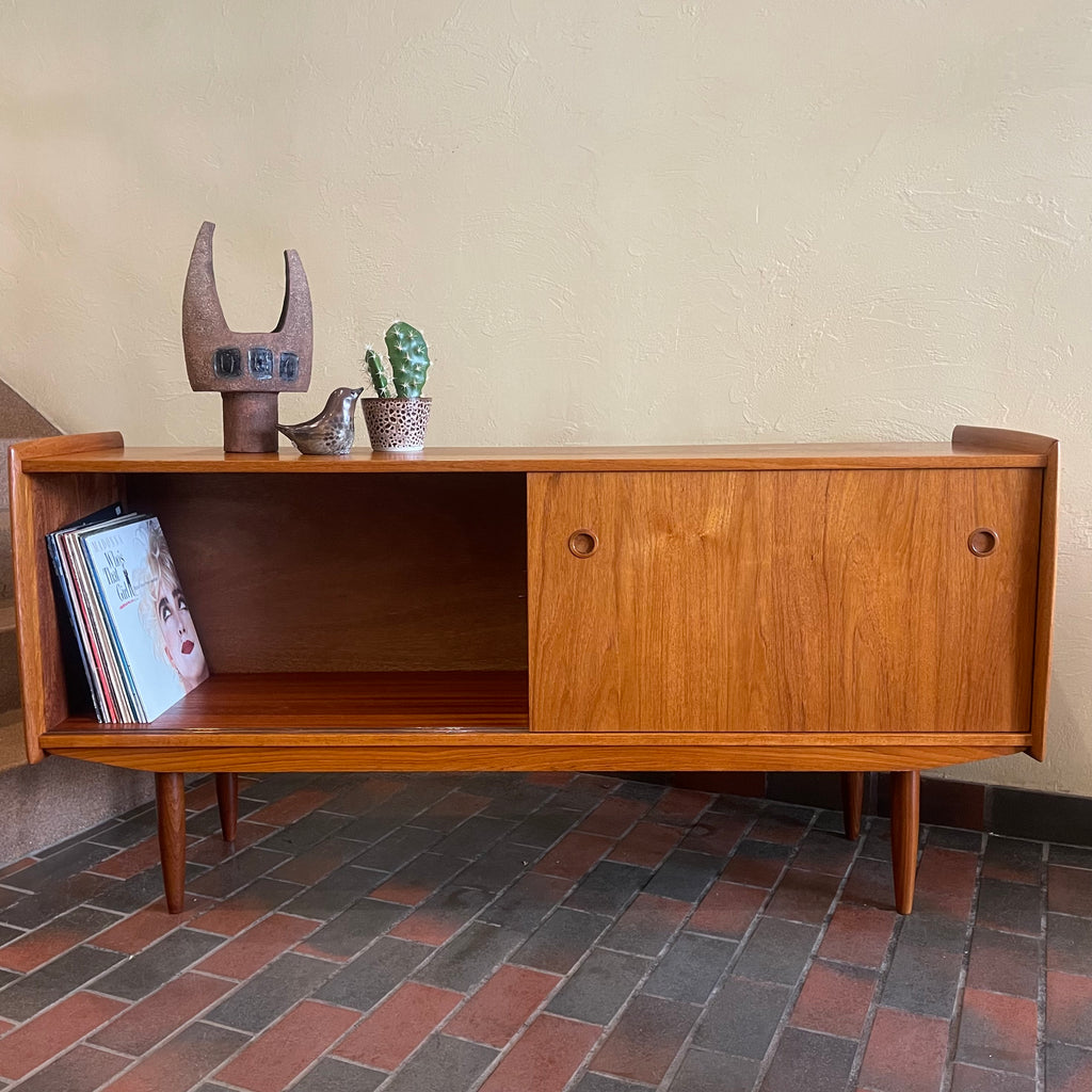Mid century Modern R. Huber Teak Atomic Age Style Credenza with two sliding doors adjustable shelving and a drawer for storage | Record Storage | Mr. Mansfield Vintage 