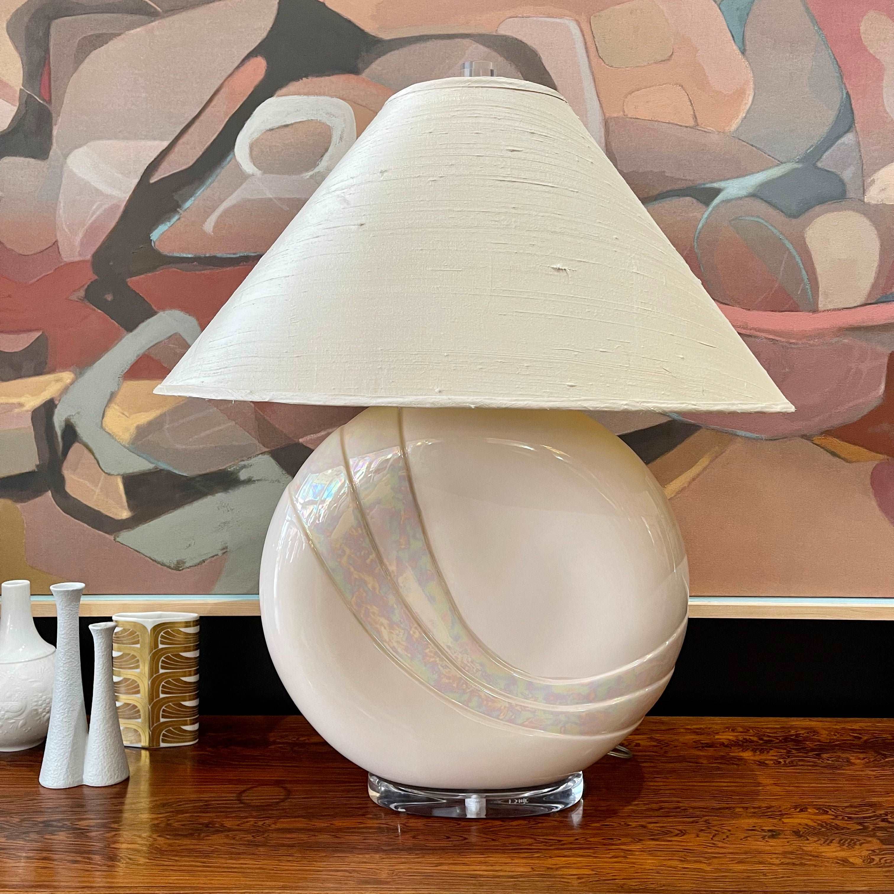 1980s DECO Large Opalescent Pottery and Lucite Table Lamp | signed by Van Teal |Mr. Mansfield Vintage