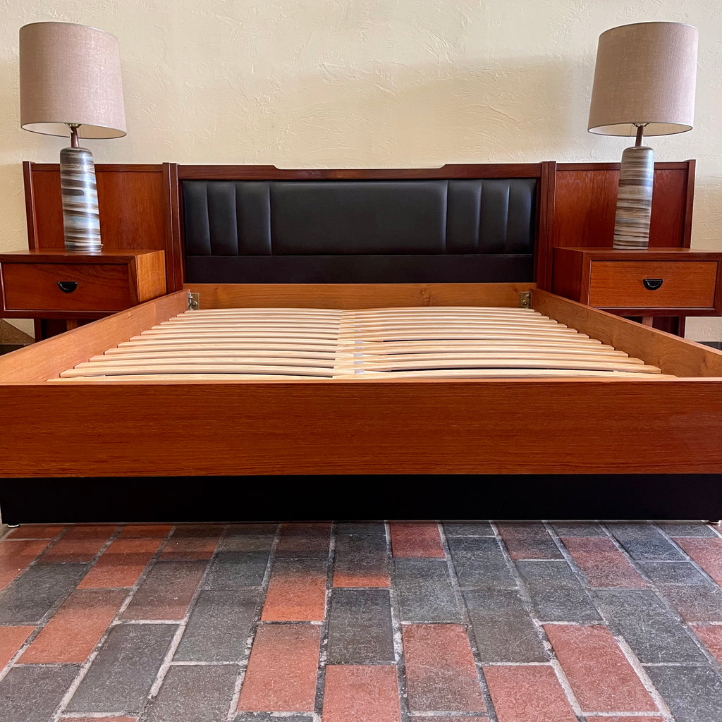 Mid-century R.S. Associates teak bed with integrated bedside tables and double-size base