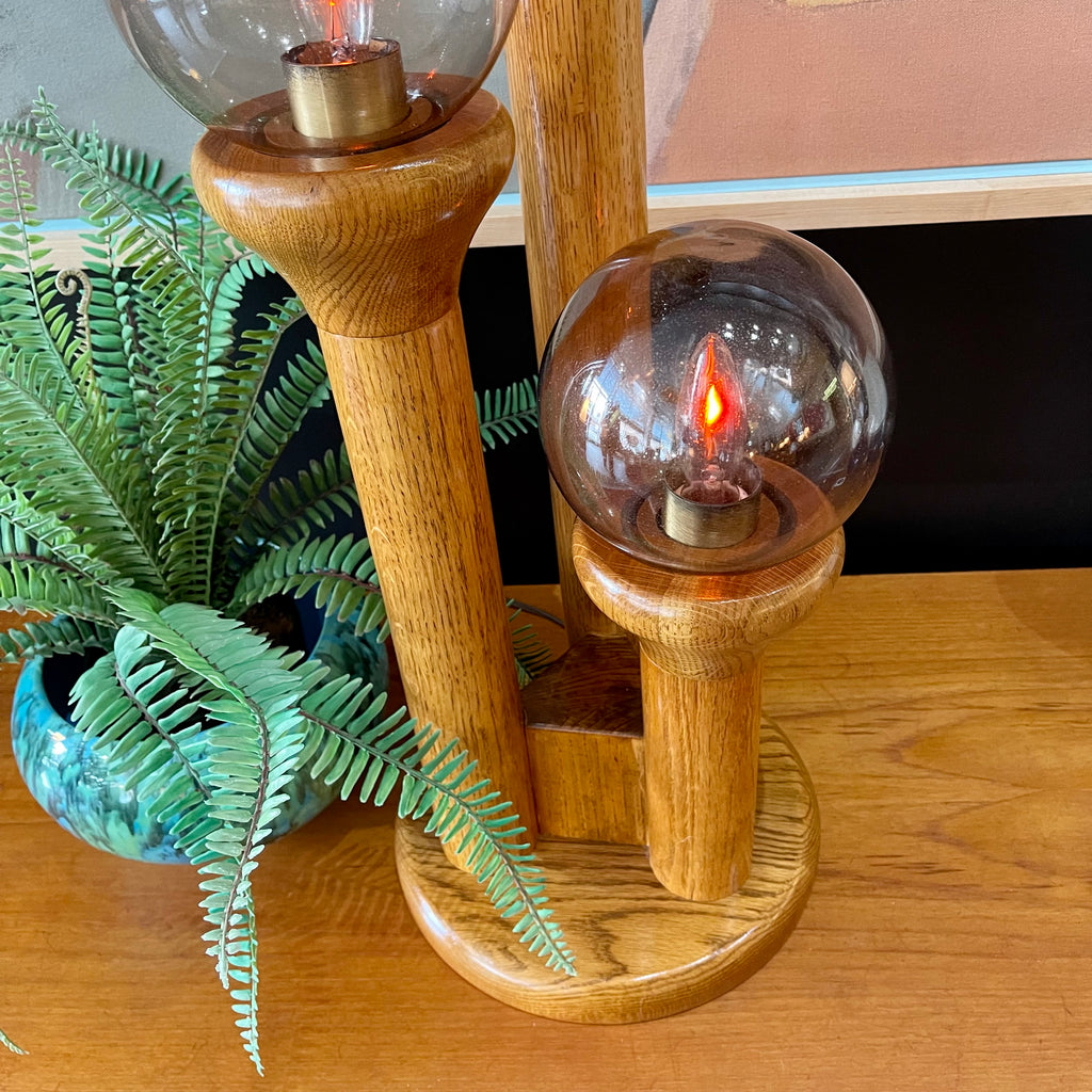 Detail of honey oak base on Charles Gibilterra lamp