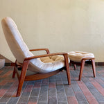 Load image into Gallery viewer, R Huber Teak Scoop Chair and Ottoman. The chair and fabric are in fantastic condition with very little wear. The fabric is a light beige velvet