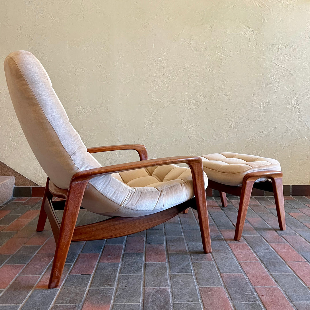R Huber Teak Scoop Chair and Ottoman. The chair and fabric are in fantastic condition with very little wear. The fabric is a light beige velvet