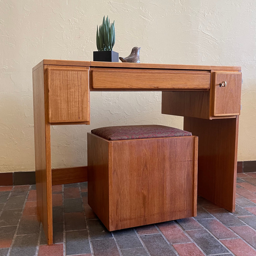 Vintage Teak Vanity Dressing Table and Stool Flip Up Mirror Storage  Compartment and Drawers  | Mr. Mansfield Vintage