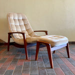 Load image into Gallery viewer, R Huber Teak Scoop Chair and Ottoman. The chair and fabric are in fantastic condition with very little wear. The fabric is a light beige velvet
