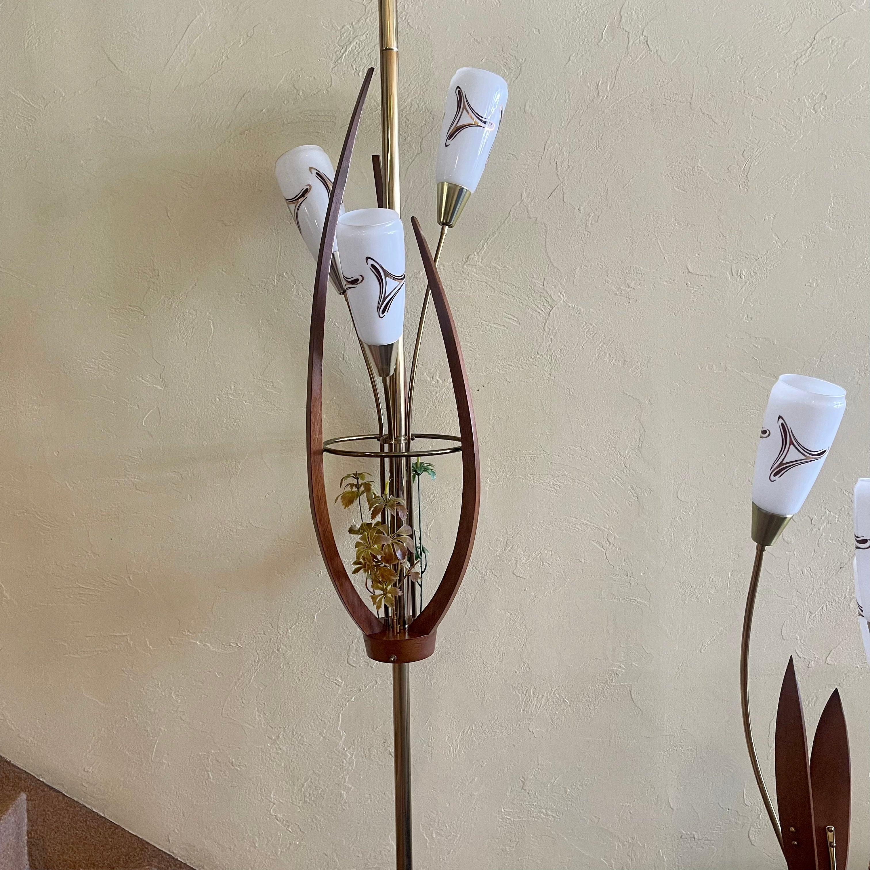 Mid Century Modern Walnut Tension Pole Lamp and Matching Table Top Lamp With Glass Shades | Mr. Mansfield Vintage
