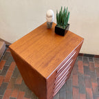 Top of vintage G Plan teak chest of drawers showing light surface wear and teak wood grain