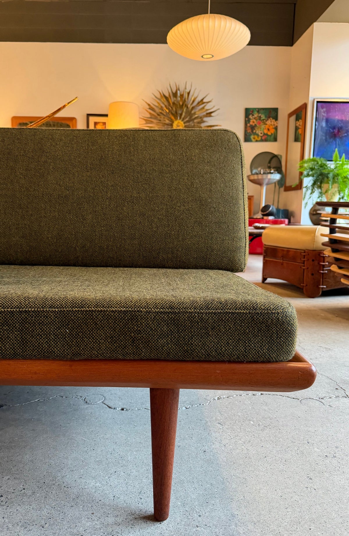 Green vintage Minerva sofa by Peter Hvidt and Orla Molgaard with teak frame