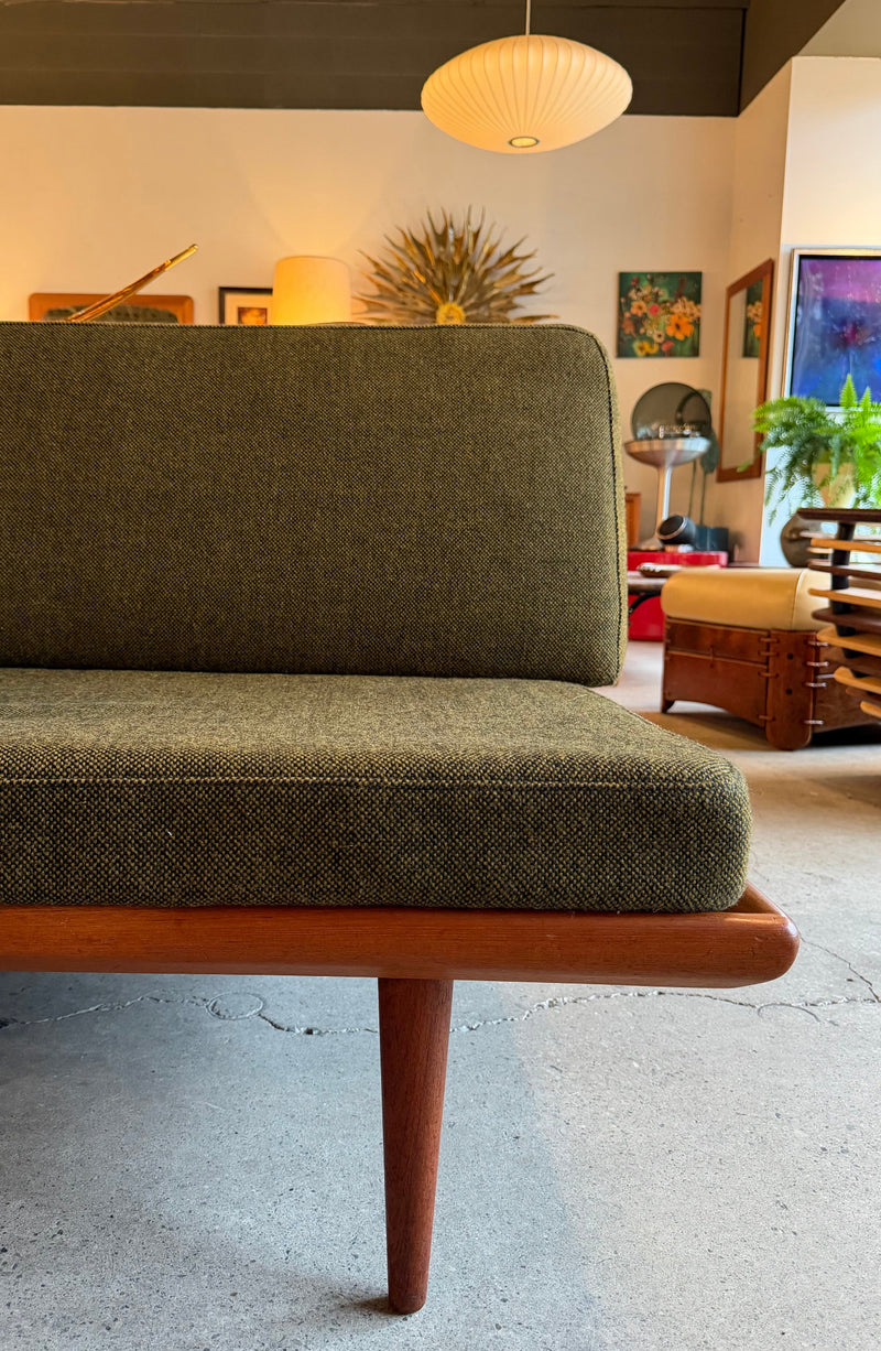 Green vintage Minerva sofa by Peter Hvidt and Orla Molgaard with teak frame