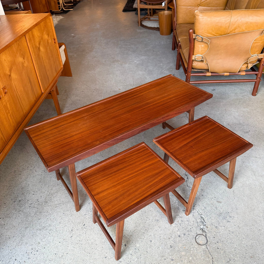 Top view of vintage teak nesting coffee table set