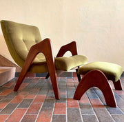 Green Velvet and sculpted walnut scoop style Adrian Pearsall lounge chair and ottoman