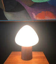 Midcentury Modern Teak Base Mushroom shape Laurel Lamp on teak table and vintage style painting above