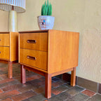 Side view of vintage teak nightstand showing compact depth and mid-century lines