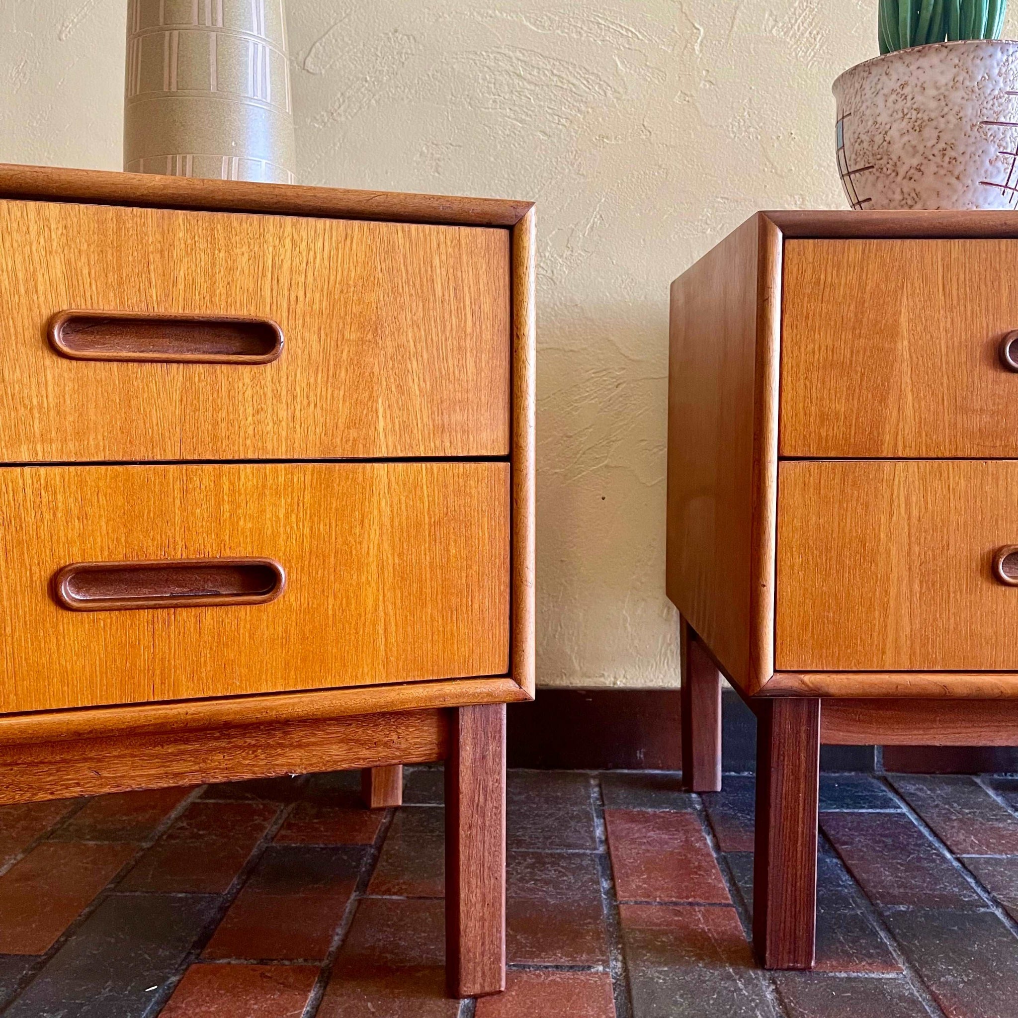 Close-up of warm teak wood grain on vintage Canadian bedside table