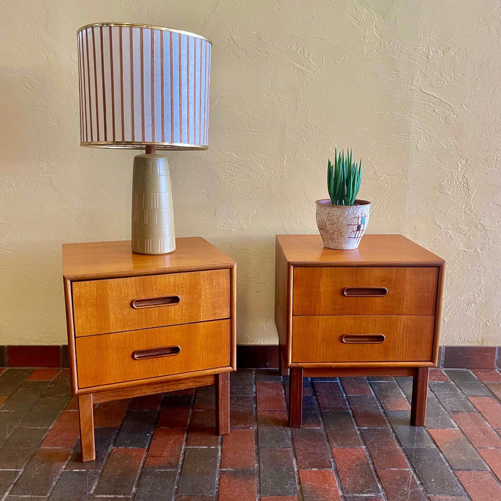 Made in Canada vintage teak bedside tables with two drawers and warm wood grain