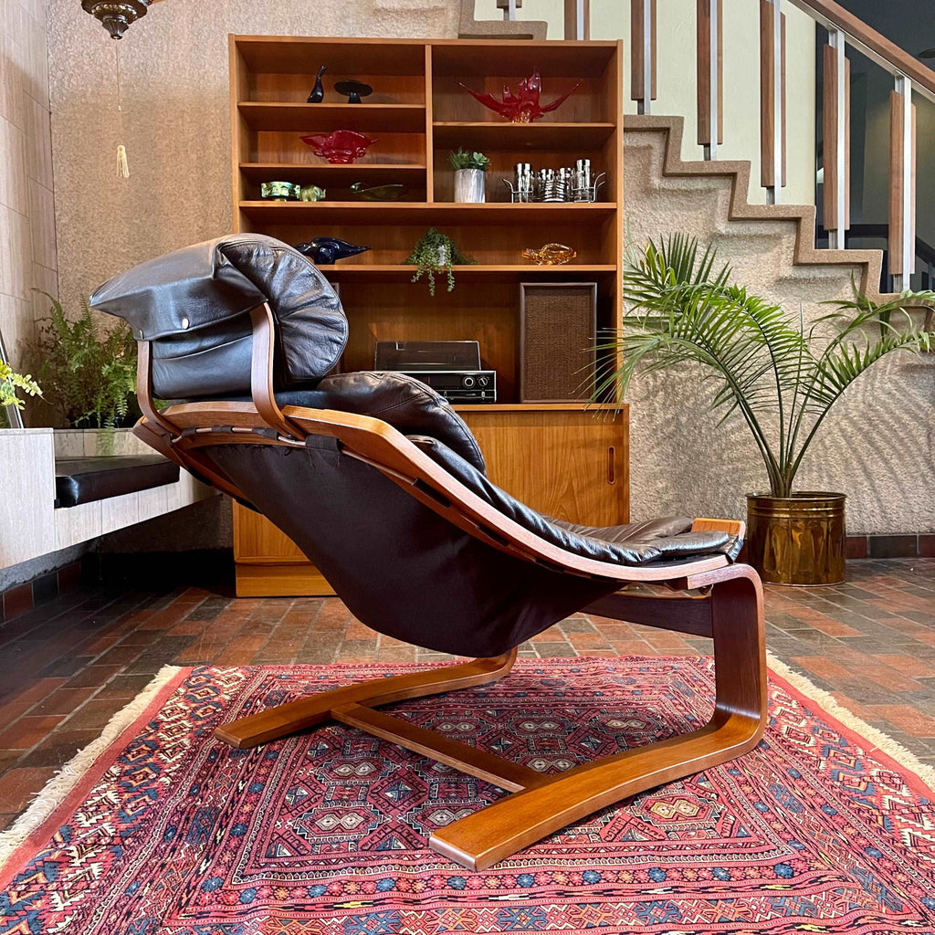 Rear view of Kroken lounge chair showing bentwood frame and leather sling seat