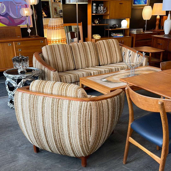 Huber Barrel Back Teak Sofa and Lounge Chair