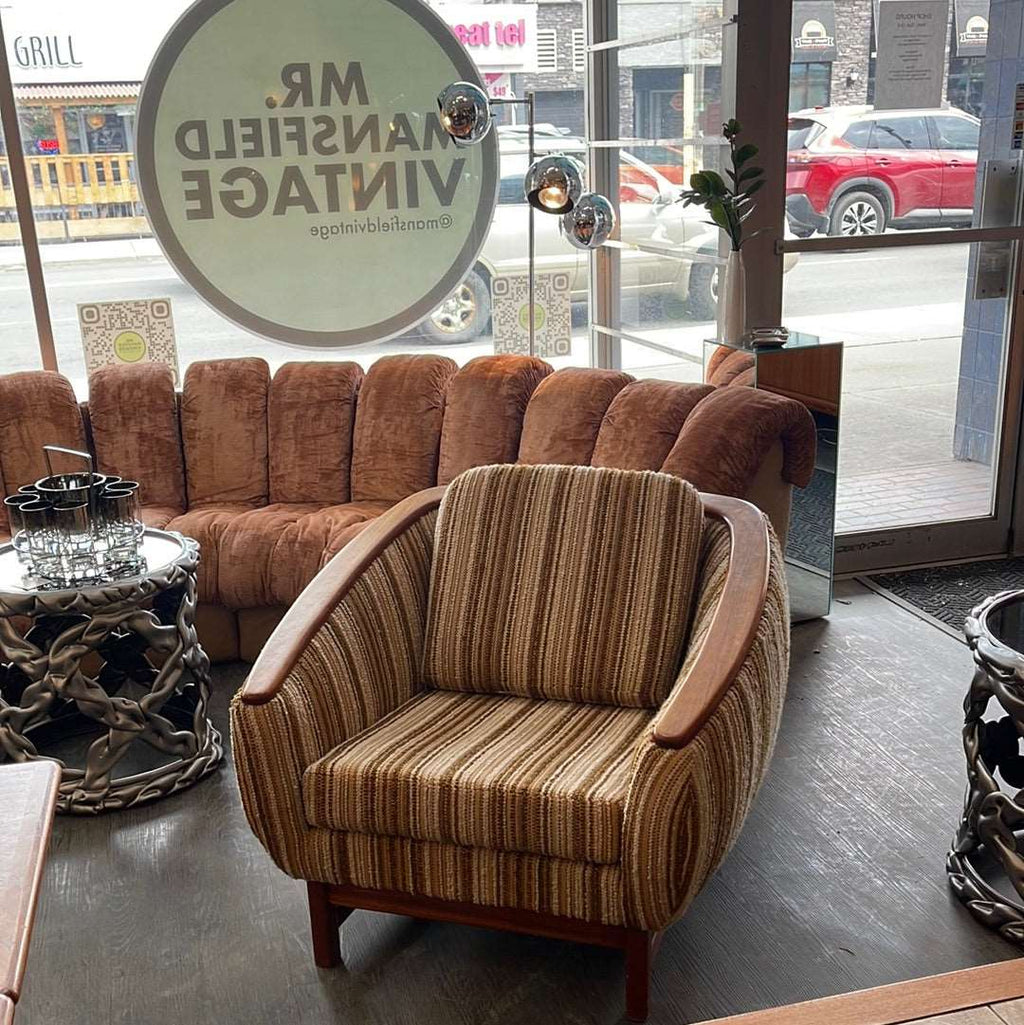 Huber Barrel Back Teak Sofa and Lounge Chair