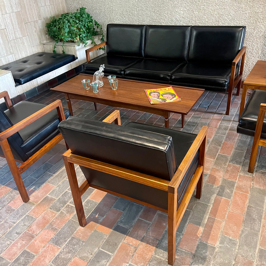 Vintage Mid-century Modern Office Furniture Set. One teak side table, three chairs one sofa in black vinyl and teak frames.  
