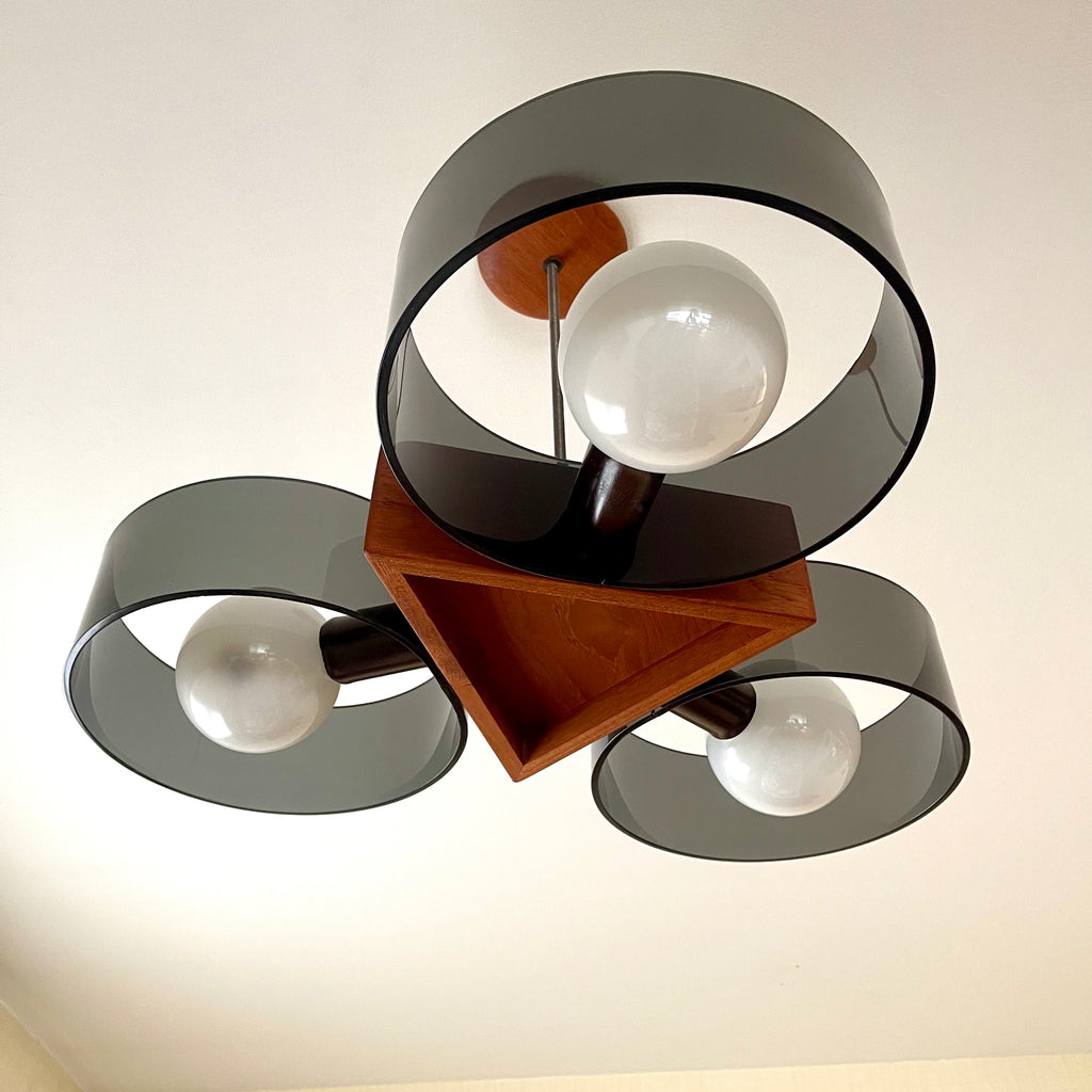 Mid-century Modern Teak and Smoky Black Lucite Ceiling Light